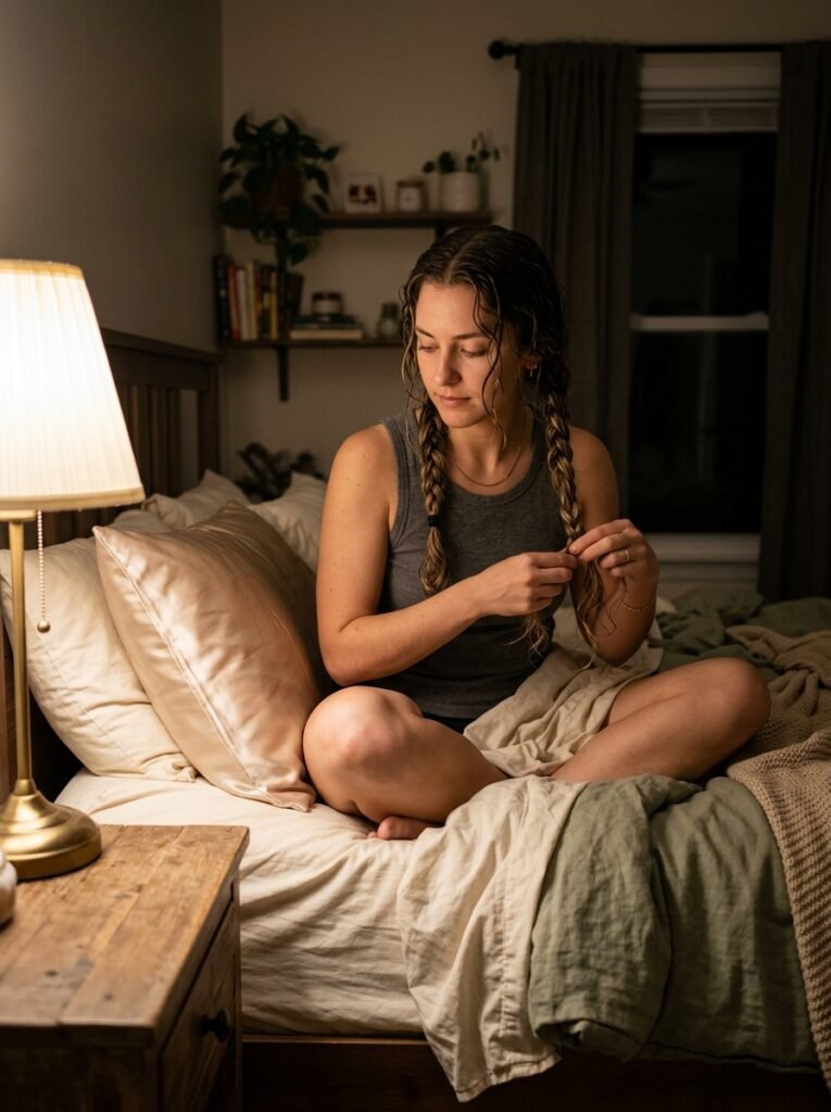 Young woman braiding damp hair before bed on a satin pillowcase