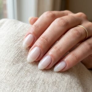 Short almond nails painted in glossy milky white polish resting on cream linen