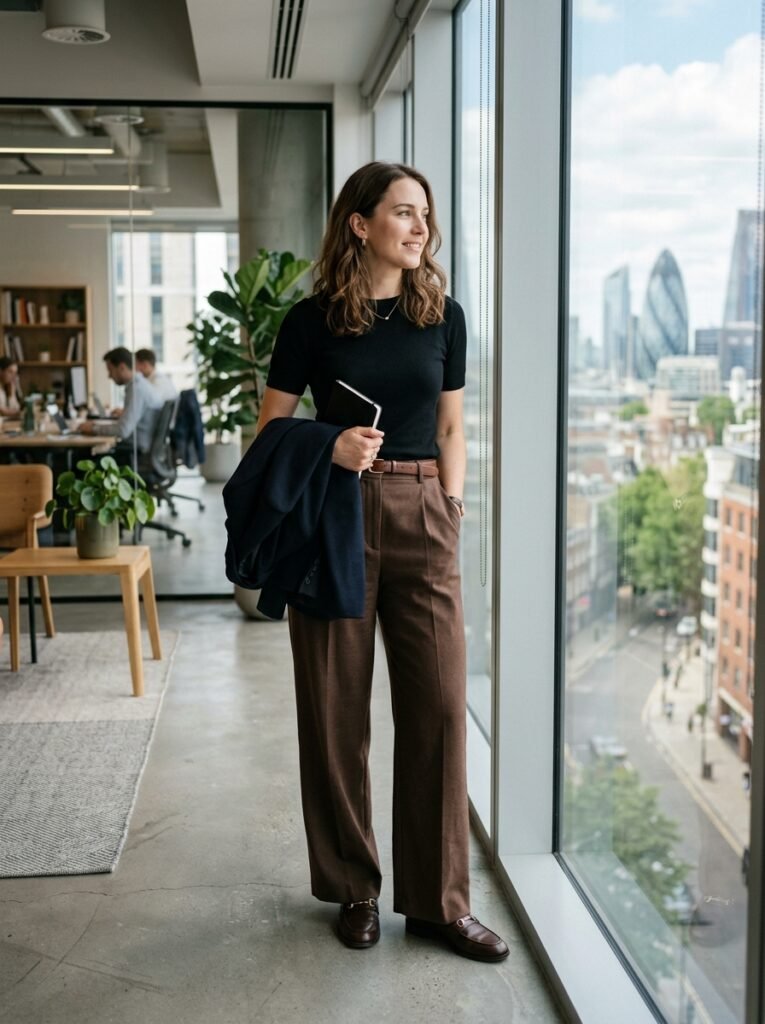Wide-leg trousers and a fitted knit tee styled for the office with a blazer carried over the arm