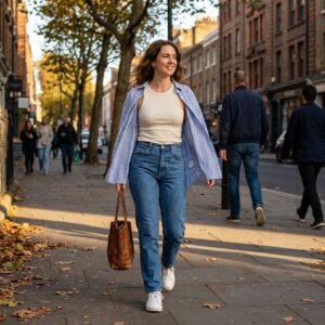 Woman wearing jeans, a tank top, and an open button-down shirt on a city sidewalk in early fall