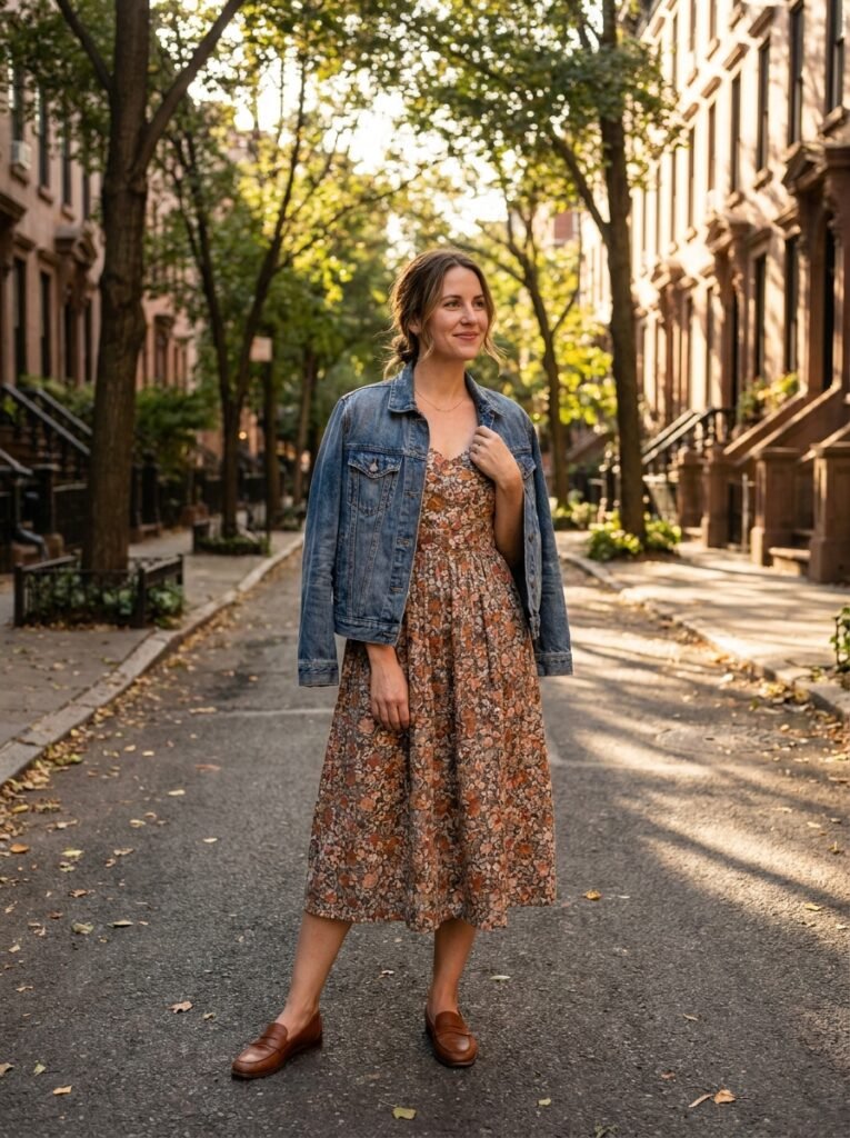 Floral midi dress styled with loafers and a denim jacket for early fall